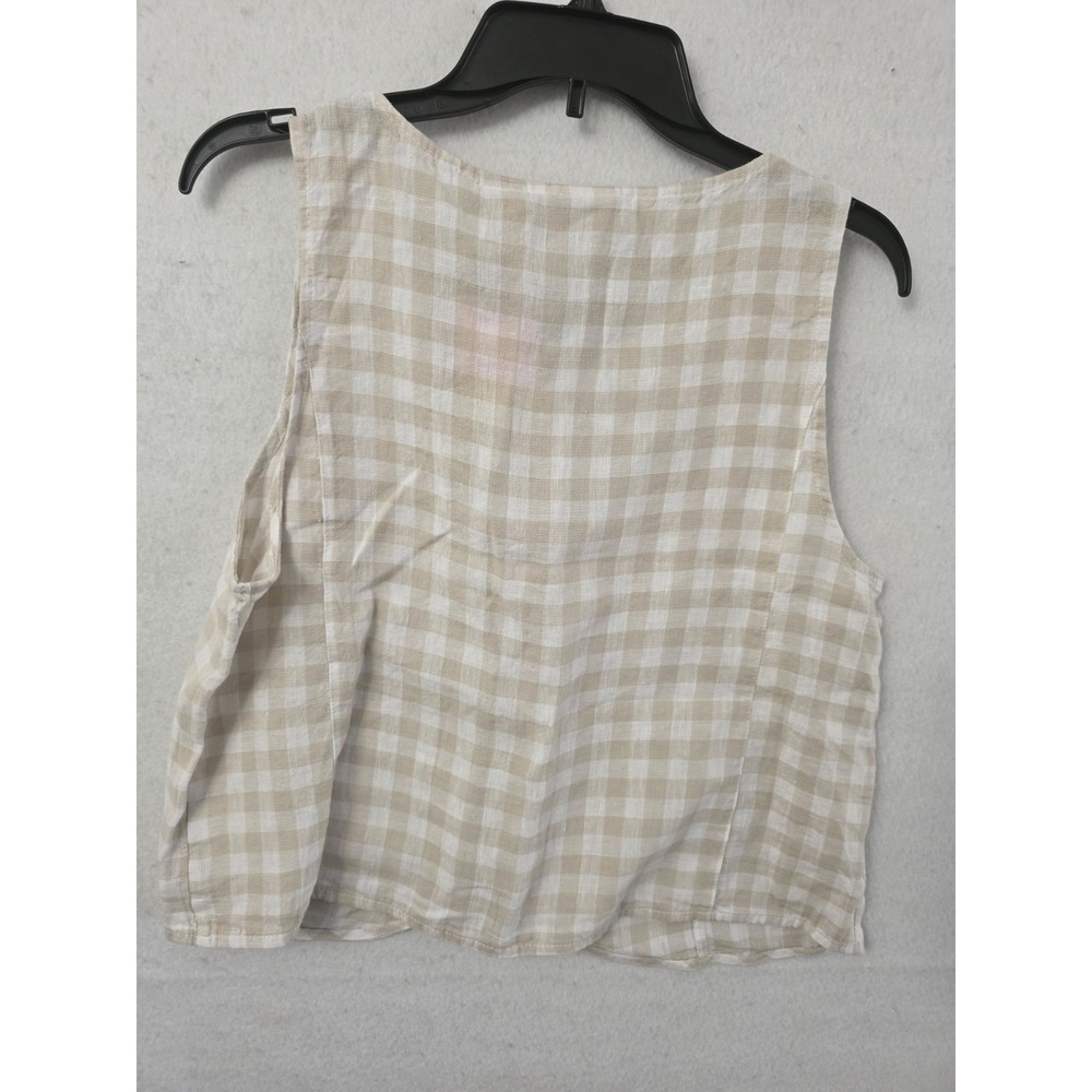 Laura Ashley NWT Women's L Beige Gingham 100% Linen Sleeveless Button-Up Vest - Picture 7 of 9